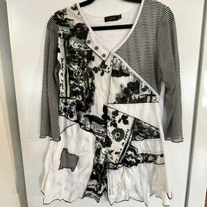GOA tunic, 3/4 sleeves patchwork tunic dress size M. black white